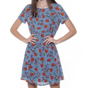 NWT Blue Fit And Flare Short Sleeve Dress With Vibrant Red Floral Detail…